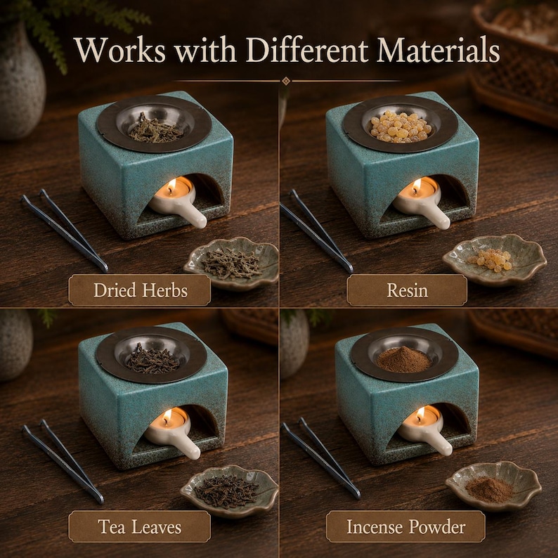 May include: A square teal ceramic incense burner with a dark metal tray on top and a tea light candle inside. The image displays four variations using dried herbs, resin, tea leaves, and incense powder, accompanied by metal tweezers.