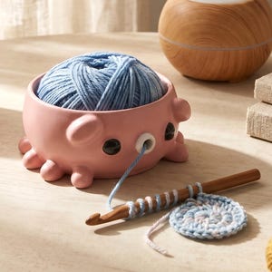 Peut inclure: Un bol à laine en céramique rose en forme de pieuvre avec des yeux noirs et un petit trou pour le fil, contenant une pelote de laine bleu clair. Un crochet en bois avec un ouvrage circulaire en crochet bleu clair est placé devant.