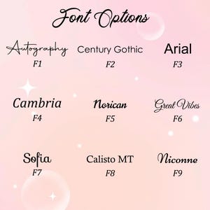 May include: A graphic showcasing font options against a soft pink background. The text "Font Options" is at the top. Below are nine font styles: Autography, Century Gothic, Arial, Cambria, Norican, Great Vibes, Sofia, Calisto MT, and Niconne, each with a corresponding label.