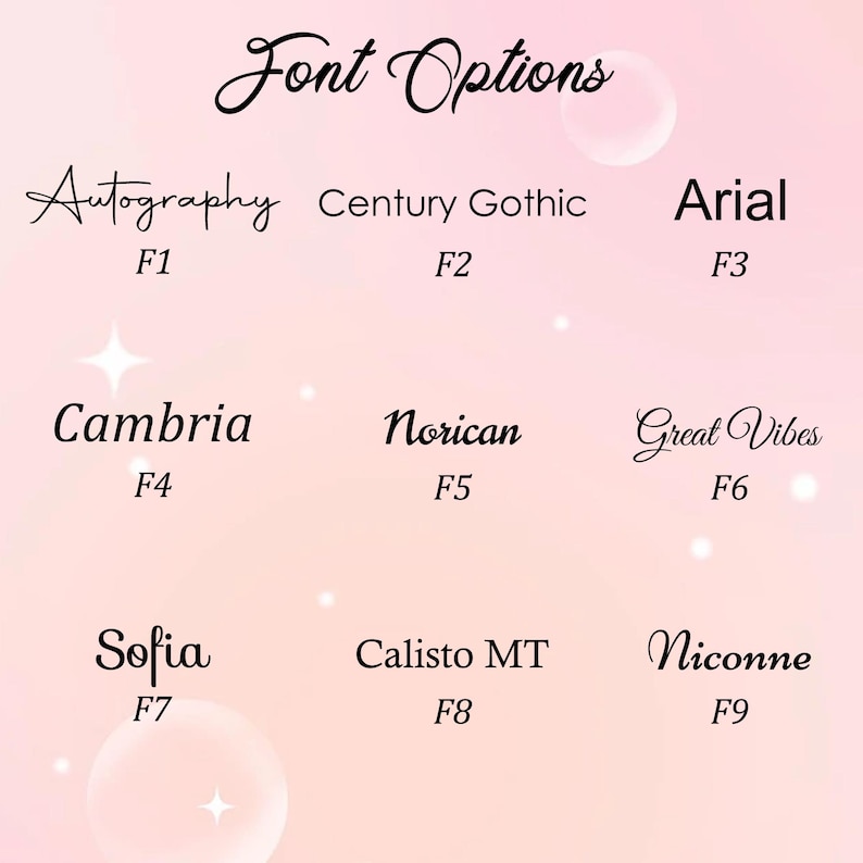 May include: A graphic showcasing font options against a soft pink background. The text "Font Options" is at the top. Below are nine font styles: Autography, Century Gothic, Arial, Cambria, Norican, Great Vibes, Sofia, Calisto MT, and Niconne, each with a corresponding label.