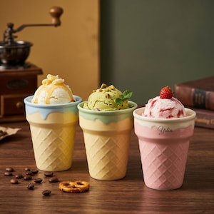 May include: Three ice cream cones with different flavors: vanilla with caramel, pistachio, and strawberry. Each cone is a different color, with a waffle cone design. The strawberry cone has the name "Yilia" on it.