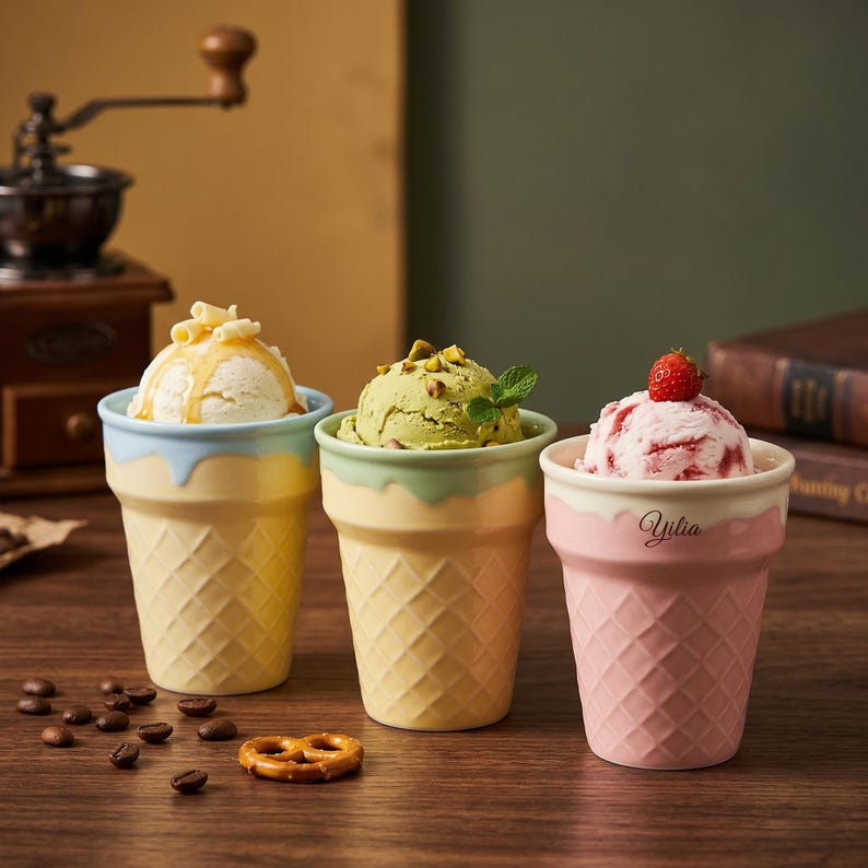 May include: Three ice cream cones with different flavors: vanilla with caramel, pistachio, and strawberry. Each cone is a different color, with a waffle cone design. The strawberry cone has the name "Yilia" on it.
