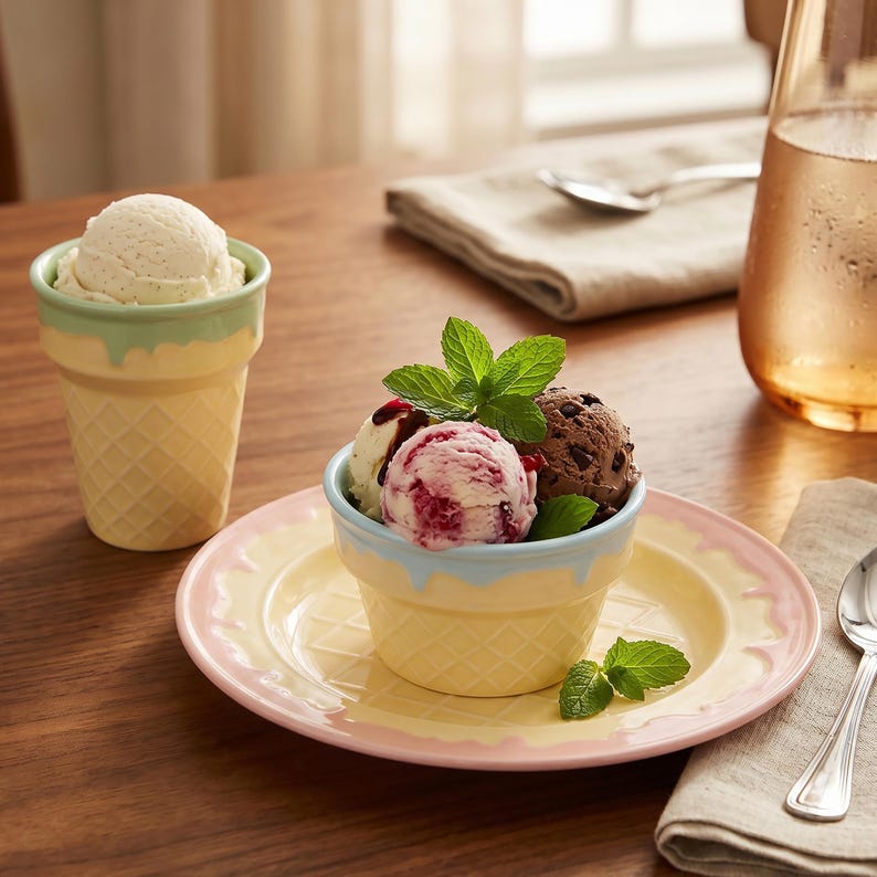 May include: A ceramic ice cream cup and bowl set with a waffle cone design. The cup holds vanilla ice cream, while the bowl contains scoops of ice cream with mint leaves. The set is on a yellow plate with a pink rim.