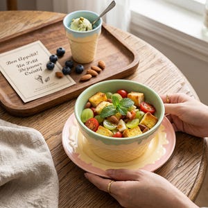 May include: A ceramic ice cream cone-shaped bowl and cup set. The bowl is filled with a salad of tomatoes, grapes, and croutons. The cup holds ice cream. A wooden tray holds blueberries, almonds, and a card with French text.