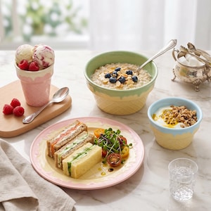 May include: A breakfast or brunch scene featuring a variety of foods. Includes ice cream in a pink cone-shaped cup, oatmeal in a green and yellow bowl, yogurt in a blue and yellow bowl, sandwiches, and a glass of water. The scene is set on a marble surface.