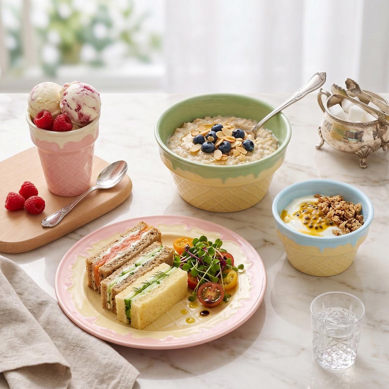 May include: A breakfast or brunch scene featuring a variety of foods. Includes ice cream in a pink cone-shaped cup, oatmeal in a green and yellow bowl, yogurt in a blue and yellow bowl, sandwiches, and a glass of water. The scene is set on a marble surface.