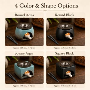 May include: Four wax melt warmers in round and square shapes, available in aqua and black. Each ceramic warmer features a metal dish, a tea light candle, and metal tweezers. Dimensions are listed as 12.8 cm or 10.8 cm wide by 7.2 cm high.