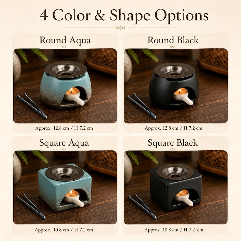 May include: Four wax melt warmers in round and square shapes, available in aqua and black. Each ceramic warmer features a metal dish, a tea light candle, and metal tweezers. Dimensions are listed as 12.8 cm or 10.8 cm wide by 7.2 cm high.