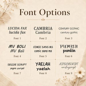May include: A grid of nine font options labelled Font 1 through Font 9, each displaying the font name in uppercase and lowercase letters. The text includes Lucida Fax, Cambria, Century Gothic, MV Boli, Comic Sans MS, Pumkin, Segoe Script, Yaelah, and AinsleyScript.