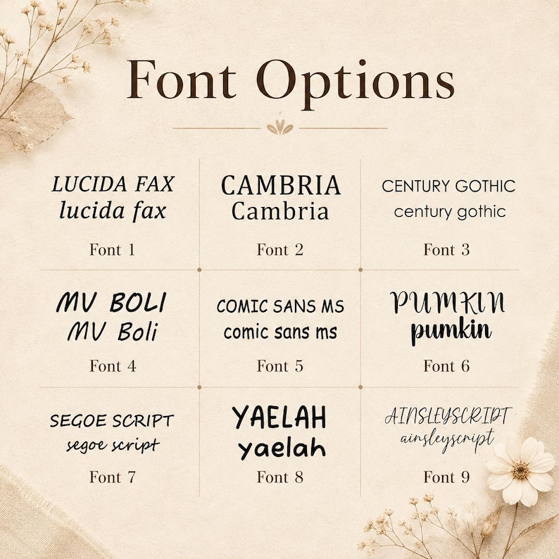 May include: A grid of nine font options labelled Font 1 through Font 9, each displaying the font name in uppercase and lowercase letters. The text includes Lucida Fax, Cambria, Century Gothic, MV Boli, Comic Sans MS, Pumkin, Segoe Script, Yaelah, and AinsleyScript.
