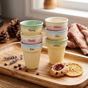 May include: A set of six ceramic ice cream cone-shaped bowls. Each bowl is a different pastel color and has a name printed on it: Henry, Emily, Isla, Sophia, Ava, and Olivia. The bowls are on a wooden tray with a cookie and dried orange slice.