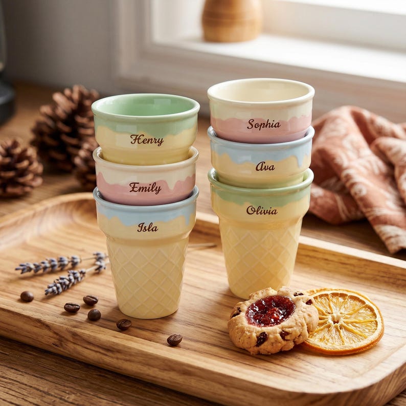 May include: A set of six ceramic ice cream cone-shaped bowls. Each bowl is a different pastel color and has a name printed on it: Henry, Emily, Isla, Sophia, Ava, and Olivia. The bowls are on a wooden tray with a cookie and dried orange slice.