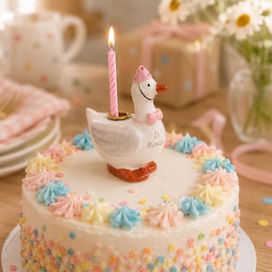 Puede incluir: Un portavelas de cerámica blanca con forma de oca, con patas naranjas, un gorro de fiesta rosa y una pajarita rosa, que lleva el nombre Rowan y pequeñas estrellas. Una vela de cumpleaños a rayas rosas y blancas está encendida en su lomo.
