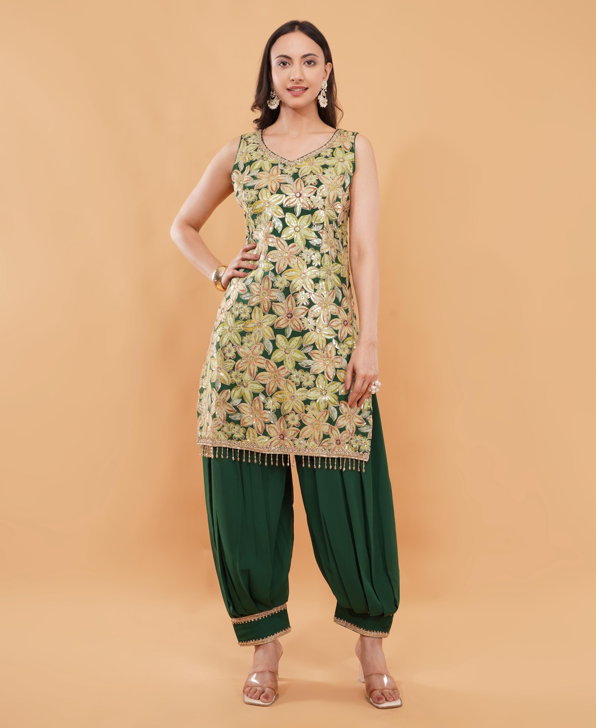 green and white palm leaf dress Indian mehndi dress in yellow and pink color embroidered MEDIUM main image 0