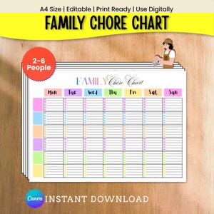 Op de afbeelding: Een printbare A4-familie-takenkaart met een wekelijks raster voor 2-6 personen. De kaart bevat kleurrijke koppen voor maandag tot en met zondag, rijen voor taken met selectievakjes en een illustratie van een persoon met een schort.