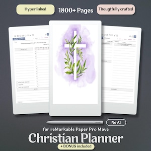 May include: A digital Christian planner for reMarkable Paper Pro Move featuring 1800+ pages, a stylus, and three screen views. The center screen displays a white cross surrounded by green leaves on a purple watercolor background.