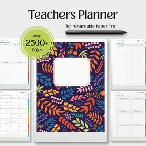 May include: A digital Teachers Planner for reMarkable Paper Pro featuring a dark purple cover with a colorful leaf pattern and a white label. The set includes over 2500+ pages, a black stylus, and various layout templates like yearly calendars and bills.