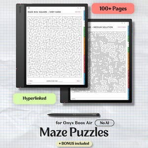 Puede incluir: Dos tabletas digitales negras que muestran complejos laberintos con el texto Maze #26: Square - Very Hard y Square - Medium Solution. Un lápiz óptico negro descansa debajo. Las etiquetas incluyen 100+ Pages, Hyperlinked, No AI y Maze Puzzles.