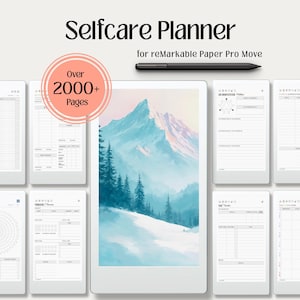 May include: A digital Selfcare Planner for reMarkable Paper Pro Move with over 2000+ pages, featuring a black stylus and multiple screen displays showing various templates including grids, lists, and a mountain landscape illustration.