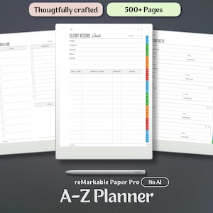 May include: A digital planner for reMarkable Paper Pro featuring three white tablet screens displaying workflow, client record, and contact pages with black text, a multi-colored side tab index, and a stylus pen positioned below the screens.
