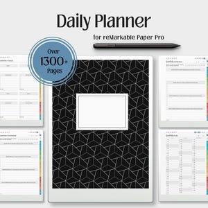 May include: A digital daily planner for reMarkable Paper Pro featuring a black cover with a white geometric cube pattern, a black stylus, and multiple page layouts including quarterly goals and monthly overviews with over 1300+ pages total.