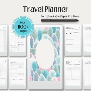 May include: A digital travel planner for reMarkable Paper Pro Move with a black stylus. The display shows a central page with a forest pattern of teal, pink, and grey trees surrounding a white oval, flanked by various grid and list layout pages.