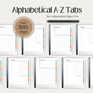 May include: Digital planner templates for reMarkable Paper Pro featuring Alphabetical A-Z Tabs and over 500 pages. The set includes a black stylus and multiple screen displays showing client record and workflow layouts with colorful side navigation tabs.