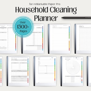 May include: A digital household cleaning planner for reMarkable Paper Pro featuring over 1300+ pages. The display shows various templates including checklists, habit trackers, and monthly grids with colorful side tabs and a black stylus pen.