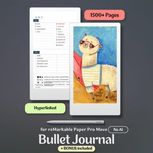 Puede incluir: Un bullet journal digital para reMarkable Paper Pro Move con más de 1500 páginas y navegación con hipervínculos. La pantalla muestra un diseño de planificador con una leyenda y una ilustración colorida de una llama con un lápiz óptico.