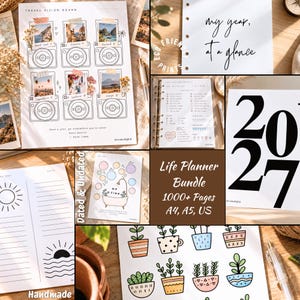 Op de afbeelding: Een digitaal levensplanner-pakket met diverse printbare pagina's, waaronder een reis-visionboard met camera-illustraties, een kalenderomslag voor 2027, een dagelijkse checklist, een me-time badpagina en een vel met kleurrijke stickers van potplanten.