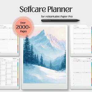 May include: A digital selfcare planner for reMarkable Paper Pro featuring a black stylus and multiple page layouts. The central display shows a snowy mountain landscape with pine trees. A circular graphic indicates over 2000+ pages included.