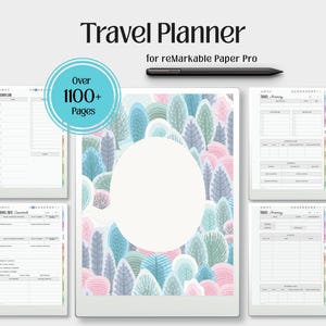 May include: A digital travel planner for reMarkable Paper Pro featuring over 1100+ pages, a black stylus, and various page layouts including travel info, itineraries, and summaries. The central cover displays a pattern of stylized trees in blue and pink.