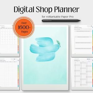 May include: A digital shop planner for reMarkable Paper Pro featuring over 1600+ pages, a black stylus, and multiple page layouts including calendars and monthly overviews. The central screen displays a light blue dove holding a green olive branch.