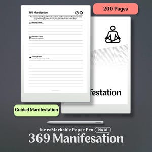 以下が含まれることがあります： 200ページのreMarkable Paper Pro用デジタルプランナー「369 Manifestation」。画面には、朝、昼、晩の目標を書き込むためのガイド付きマニフェステーションテンプレートが表示されています。タブレットの下にはスタイラスペンが配置されています。
