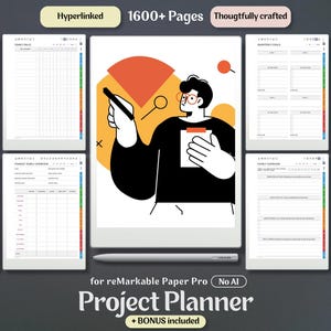 May include: A digital project planner for reMarkable Paper Pro featuring 1600+ pages, hyperlinked tabs, and a stylus. The display shows a graphic of a person holding a pen and a notepad, surrounded by various planner page layouts and templates.
