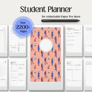 May include: A digital student planner for reMarkable Paper Pro Move featuring a black stylus and multiple page layouts. The central screen displays a peach-colored background with a repeating pattern of walking figures and a circular white frame.
