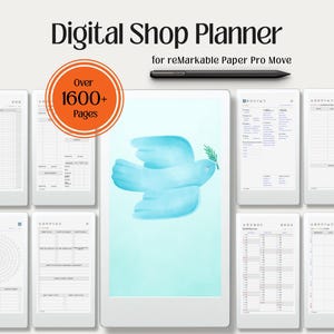May include: A digital shop planner for reMarkable Paper Pro Move featuring a black stylus and multiple screen views showing over 1600+ pages. The central screen displays a light blue watercolor dove holding a green olive branch on a white background.