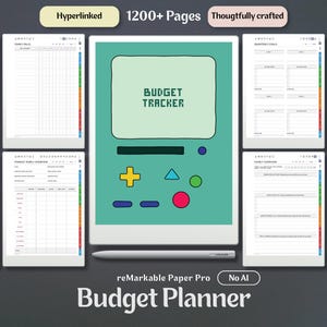 May include: A digital budget planner for the reMarkable Paper Pro featuring a teal cover with a retro gaming console graphic and the text BUDGET TRACKER. The set includes 1200+ pages of financial templates, yearly overviews, and quarterly goals, accompanied by a stylus.