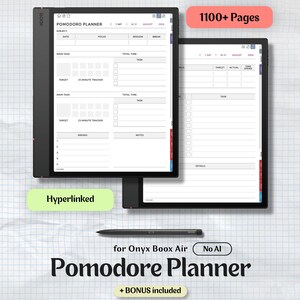 May include: A digital Pomodoro planner for Onyx Boox Air featuring 1100+ pages and hyperlinked navigation. The display shows a task management layout with date, focus, session, and break columns. A stylus is included with the black tablet device.