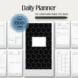 May include: A digital daily planner for reMarkable Paper Pro Move featuring over 1300+ pages, a black stylus, and multiple screen layouts including grids, schedules, and a black cover with a white geometric pattern and a central white label.