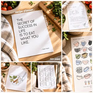以下が含まれることがあります： マーク・トウェインの黒いテキスト「THE SECRET OF SUCCESS IN LIFE IS TO EAT WHAT YOU LIKE」が書かれた白い表紙のレシピプランナーセット。レシピシート、マグカップのイラスト付きムードトラッカー、食事記録ページが含まれています。