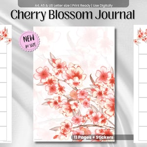 Könnte beinhalten: Ein digitales Cherry Blossom Journal in den Größen A4, A5 und US Letter. Das Design zeigt rosa Kirschblütenzweige auf weißem Hintergrund mit einem rosa runden Abzeichen mit der Aufschrift NEW A4 SIZE und dem Text 11 Pages + Stickers.