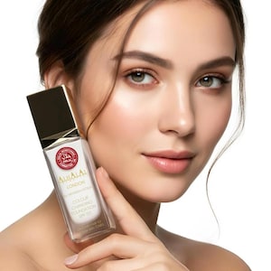 May include: A rectangular glass bottle of Alhalal London colour changing foundation with SPF 50. The bottle features a gold cap, a white label with red HMC Halal certification logo, and text stating it matches fair to medium skin tones.