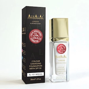 May include: A rectangular black box and a clear glass bottle of Alhalal Cosmetics London colour changing foundation with SPF 50. The packaging features gold text, the HMC Halal Monitoring Committee logo, and the product name Al-101 Mishal, 30ml/1.01oz.