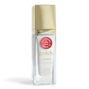 May include: A rectangular glass bottle of Al Halal Cosmetics London foundation with a gold cap. The label features a red Halal Monitoring Committee seal, the text "AL HALAL LONDON BY MEHWISH FATIMA", "COLOUR CHANGING FOUNDATION SPF 50", and "MATCHES FAIR TO MEDIUM SKIN TONES".
