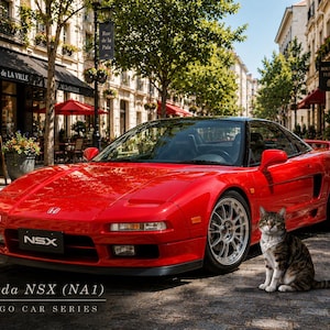 Peut inclure: Une voiture de sport Honda NSX rouge vif avec un toit noir et des jantes argentées à rayons multiples garée sur une rue pavée. Un chat tigré brun et gris est assis sur le sol à côté de la roue avant côté passager. La voiture porte une plaque NSX.