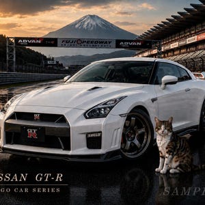 Op de afbeelding: Een witte Nissan GT-R sportwagen geparkeerd op een nat circuit met een bruine cyperse kat ervoor. Op de achtergrond is de berg Fuji bij zonsondergang en een tribune te zien. De tekst NISSAN GT-R DANGO CAR SERIES is duidelijk zichtbaar.