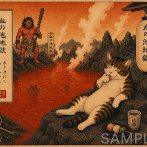 以下が含まれることがあります： 赤い池のそばでくつろぐトラ猫、棍棒を持った赤い鬼、頭蓋骨、吊り下げられた提灯が描かれたプリント。日本語の文字とSAMPLEという単語が含まれています。山と湯気が立ち込める風景が描かれています。