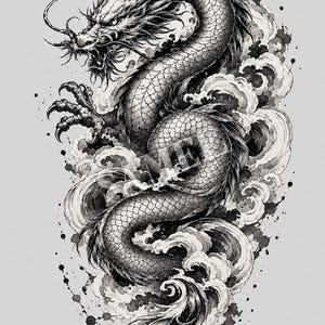 Disegno di tatuaggio giapponese | Tatuaggio del drago Sumi sulla parte superiore del braccio | Drago Irezumi tradizionale | PNG trasparente | Download digitale