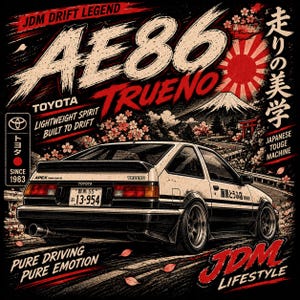 Puede incluir: Una ilustración gráfica de un coche Toyota AE86 Trueno blanco y negro en una carretera. El fondo muestra el monte Fuji, flores de cerezo y un sol rojo. El texto incluye JDM DRIFT LEGEND, AE86 TRUENO, TOYOTA, LIGHTWEIGHT SPIRIT BUILT TO DRIFT, PURE DRIVING PURE EMOTION, JDM LIFESTYLE y caracteres japoneses.